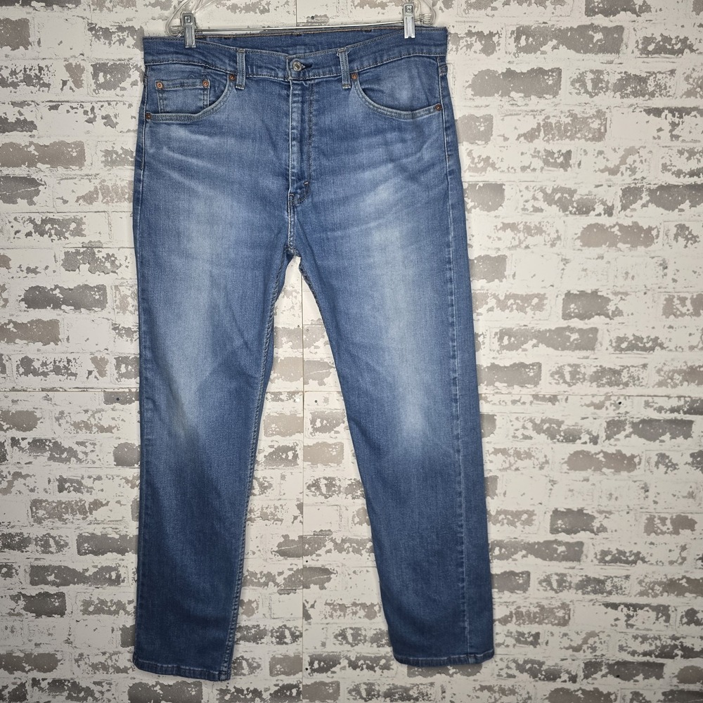Levis 505 Jeans Mens 38x33 Cotton Stretch Straight Leg Mid Rise Light Blue Wash